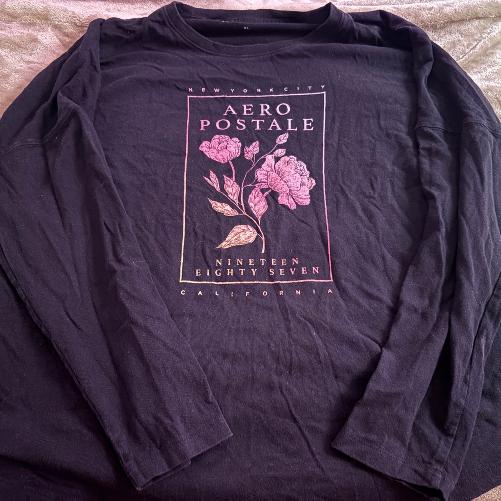Aeropostale Black and Pink Graphic Long Sleeve Tee
